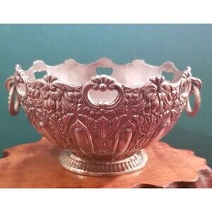 Vintage 1960s Raimond Ornate Silverplate Floral Motif Bowl with Ring Handles